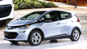 A silver 2022 Chevy Bolt is on display.