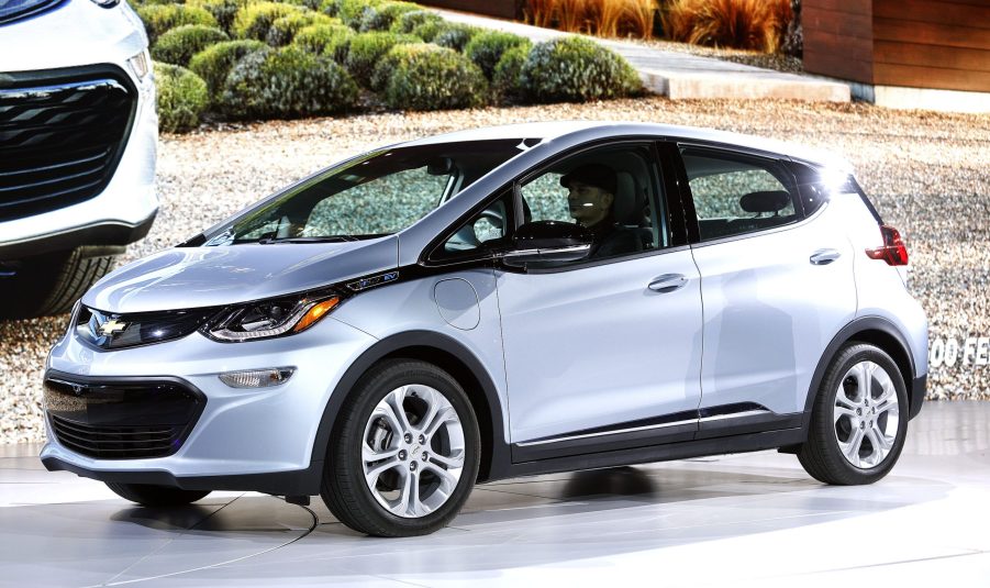 A silver 2022 Chevy Bolt is on display.