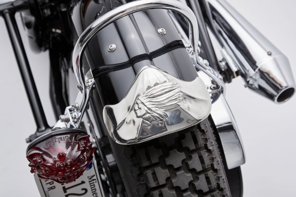 A close-up view of Go Takamine's custom 2022 Indian Super Chief Limited's chrome rear fender
