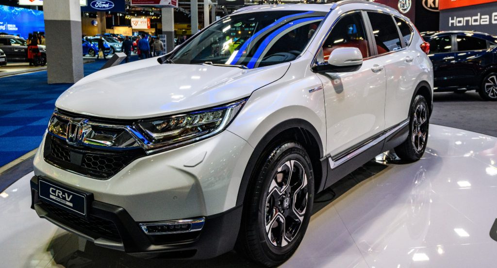 A white Honda CR-V is on display.
