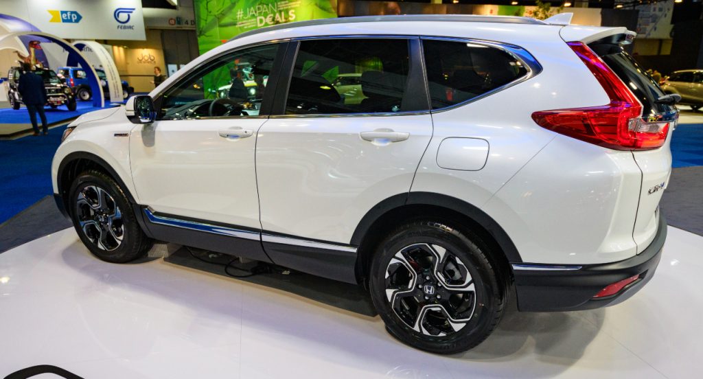 A white Honda CR-V is on display.