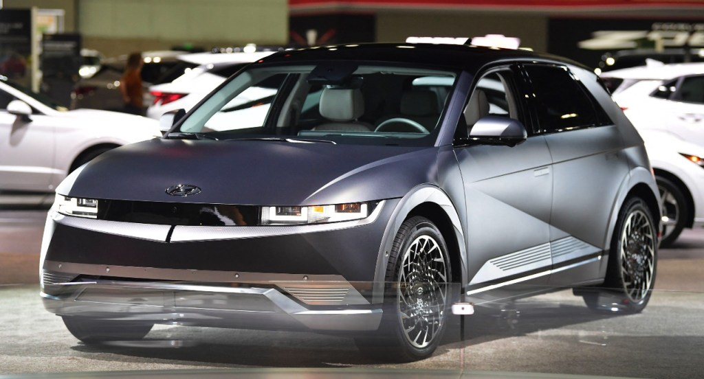 A gray 2022 Hyundai Ioniq 5 on display at the LA Auto Show.
