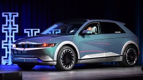 A blue 2022 Hyundai Ioniq 5 is on display.