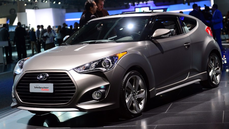 The Hyundai Veloster, now discontinued, on display at the Los Angeles Auto Show on November 28, 2012, in Los Angeles, California
