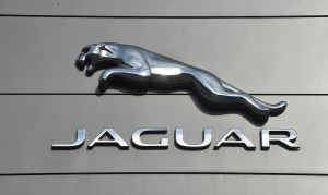 The Jaguar logo outside the Swansway Jaguar dealership on November 7, 2020, in Crewe, Cheshire, England