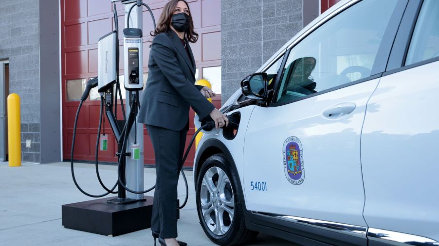 Vice President Kamala Harris charging an electric vehicle (EV) in Brandywine, Maryland