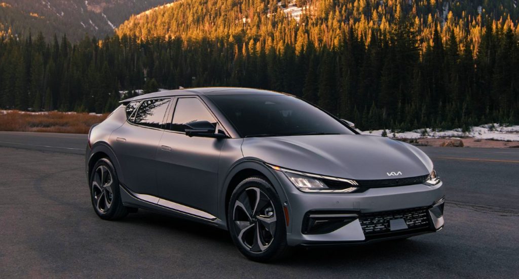 A gray 2022 Kia EV6 is parked outside.