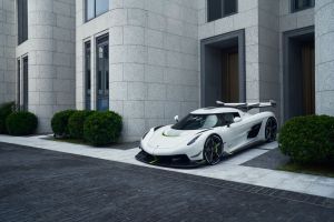 The Koenigsegg Jesko performance sports car with a white paint color option