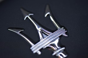 The Maserati logo is seen during the 87th Geneva International Motor Show on March 8, 2017, in Geneva, Switzerland