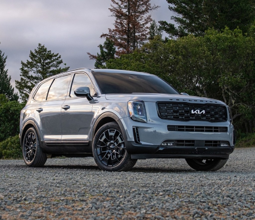 A light gray 2022 Kia Telluride Nightfall Edition, Edmunds best SUV of the year for three years running, but it wasn't even a finalist for MotorTrend, so critics disagree.