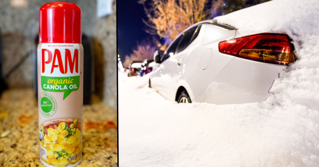 Pam cooking spray and a car covered in snow, showing how cooking spray can open frozen car doors in the winter