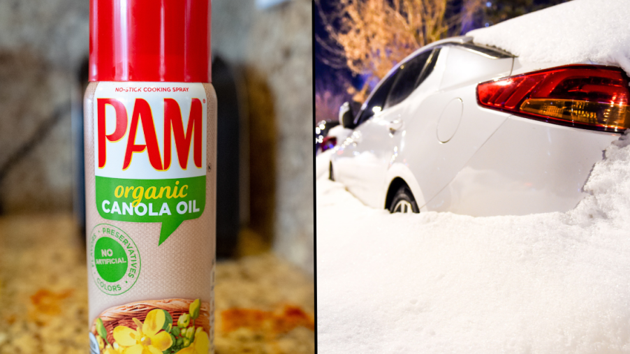 Pam cooking spray and a car covered in snow, showing how cooking spray can open frozen car doors in the winter
