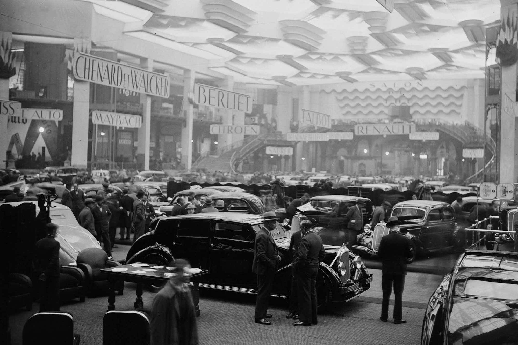 black and white photo of the Paris Auto Salon