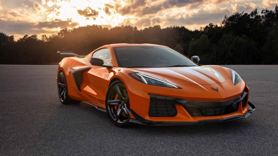Passenger's side front angle view of orange 2023 Chevrolet Corvette Z06, the fifth longest-running car of all time