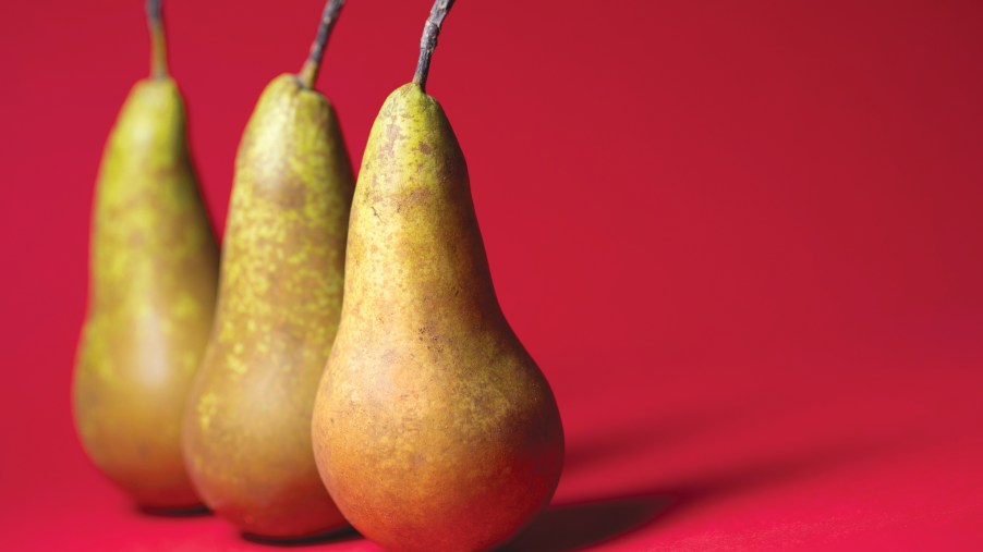 Three pears on a red background, the closest thing we have to a Fisker PEAR electric vehicle.