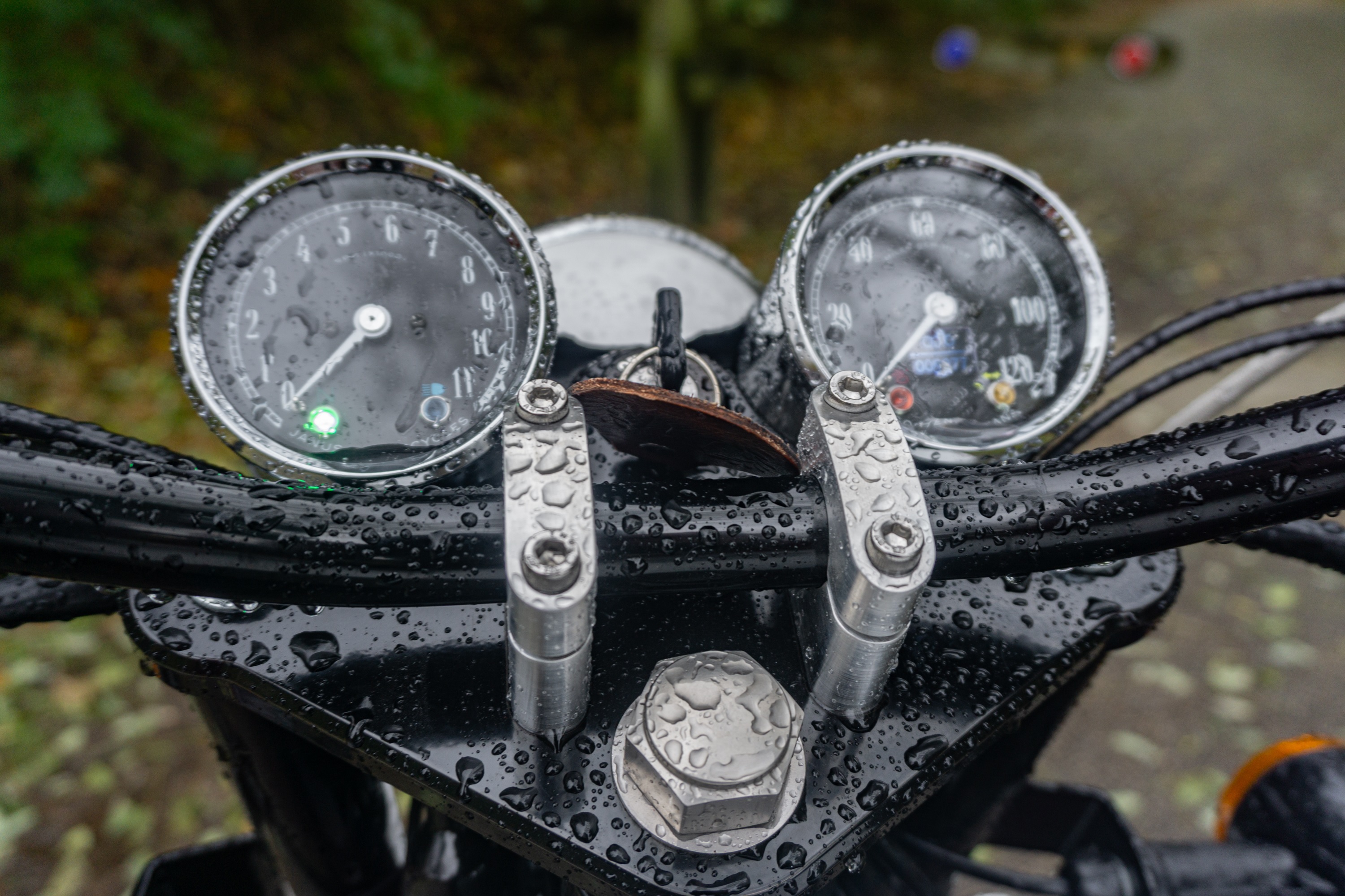 A close-up view of a pre-production 2021 Janus Halcyon 450's gauges