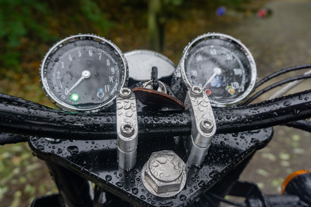 A close-up view of a pre-production 2021 Janus Halcyon 450's gauges