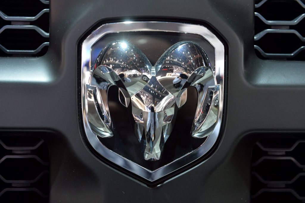The Ram logo and badging at the 2014 North American International Auto Show