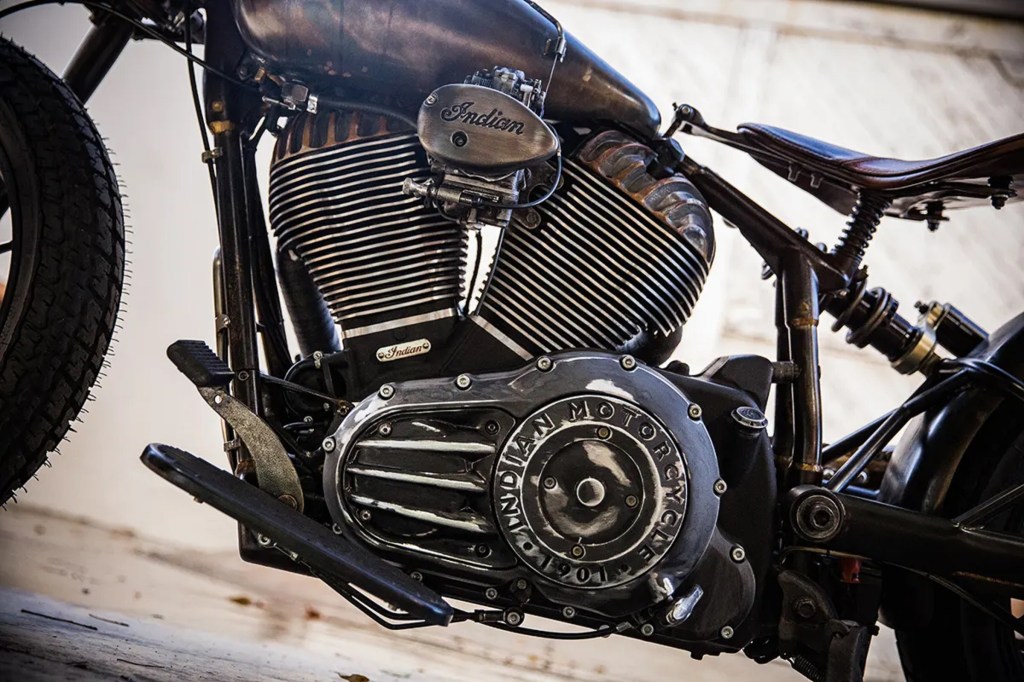A close-up view of the Indian Chieftain V-twin in Roland Sands Design's 'El Camino 1946 Indian Chief chopper