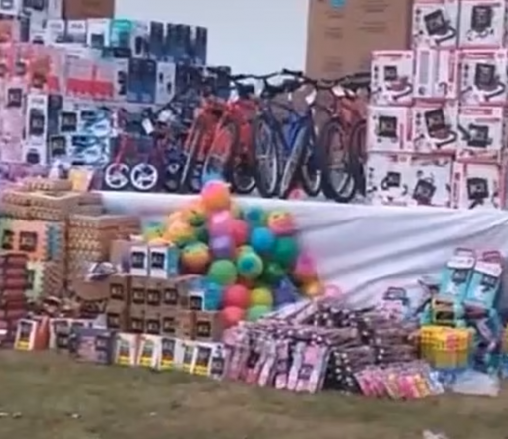 piles of toys being given away by the Sinaloa Cartel