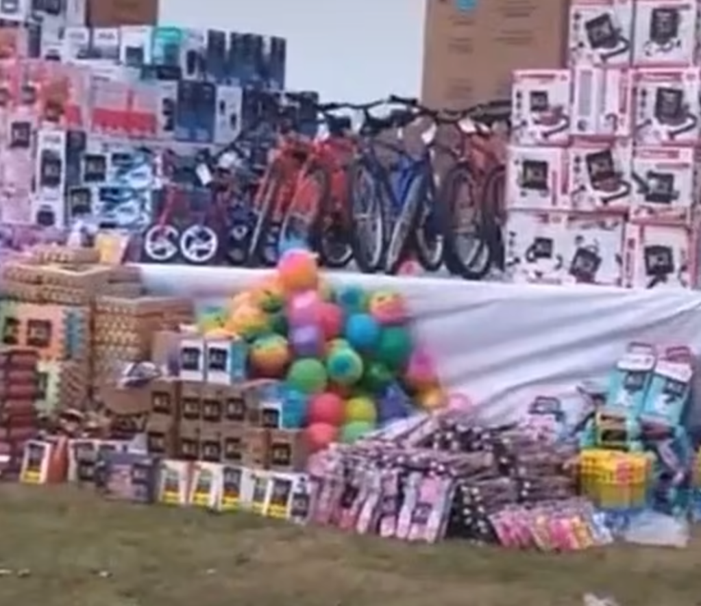 piles of toys being given away by the Sinaloa Cartel