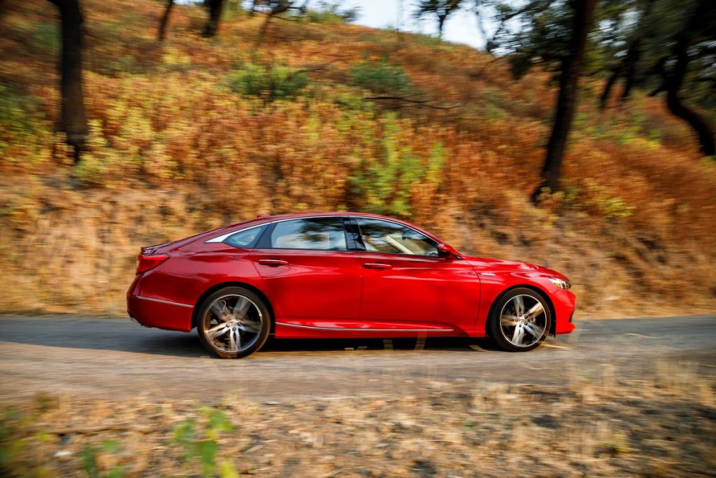 Side view of San Marino Red 2022 Honda Accord