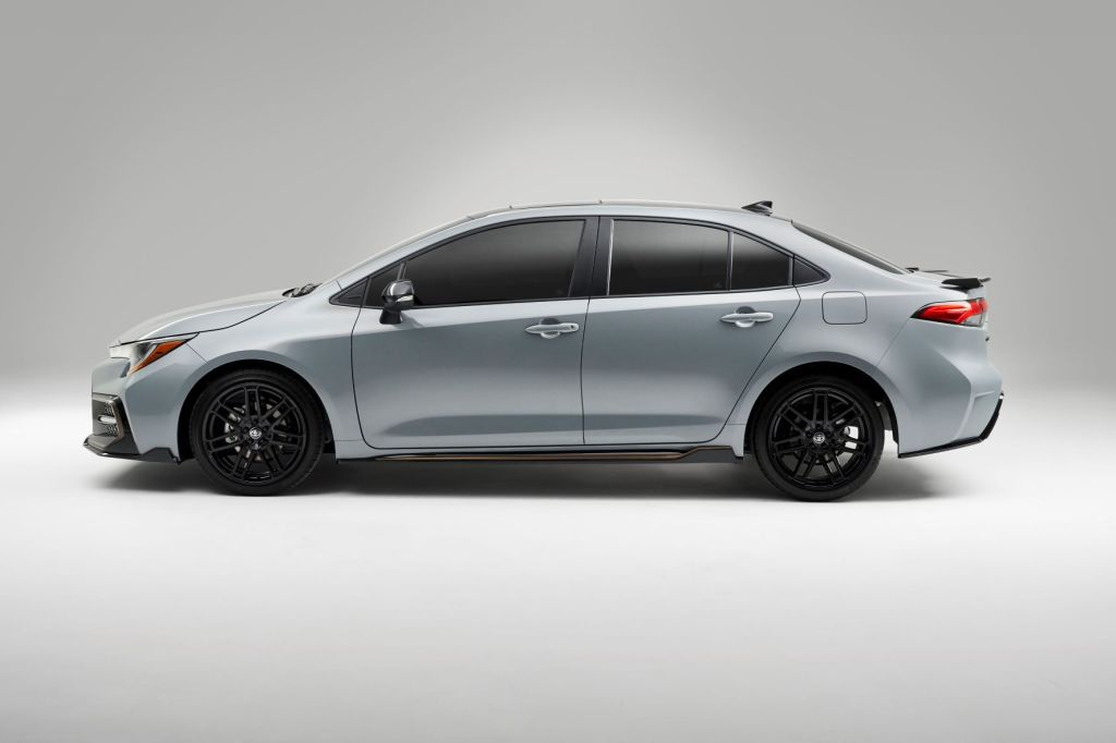 Side view of silver 2022 Toyota Corolla XSE Apex Edition