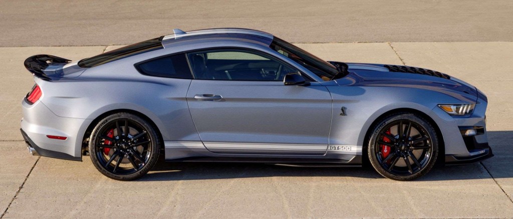 Side view of silver and white fully loaded 2022 Ford Mustang Shelby GT500