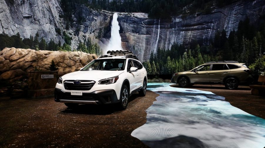 A pair of Subaru Outback wagons shot at their launch in Chicago