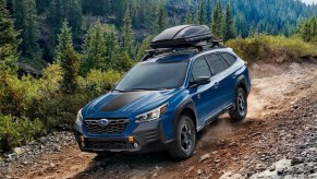 A blue Subaru Outback Wilderness driving through woods with a luggage holder on top.