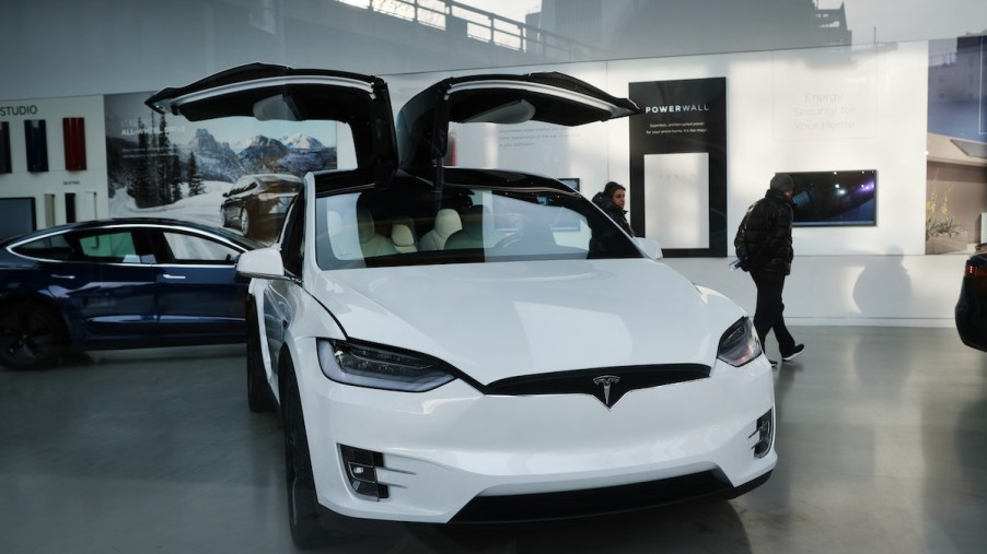 A Tesla Model Y displayed in a Manhattan dealership on January 30, 2020, in New York City