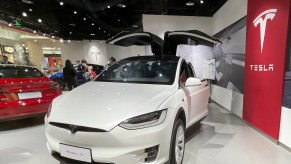 A white Tesla Model X on display in a showroom on February 13, 2021, in Beijing, China