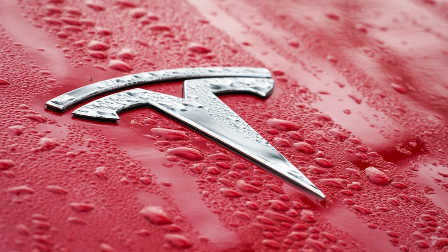 The Tesla logo on the wet hood of a red passenger car