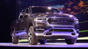 A gray Ram 1500 is on display.