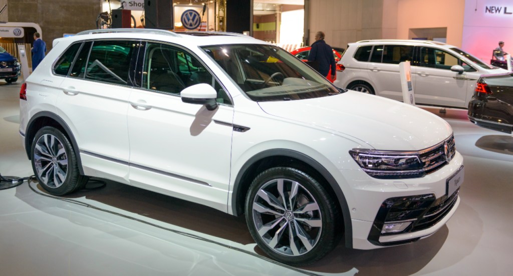 A white Volkswagen Tiguan is on display.