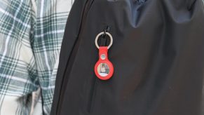 An apple Airtag on a backpack