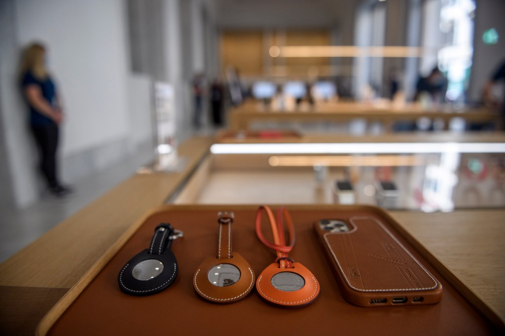 A general view shows Apple Inc. AirTag during the official opening of the new Apple Store Via Del Corso.