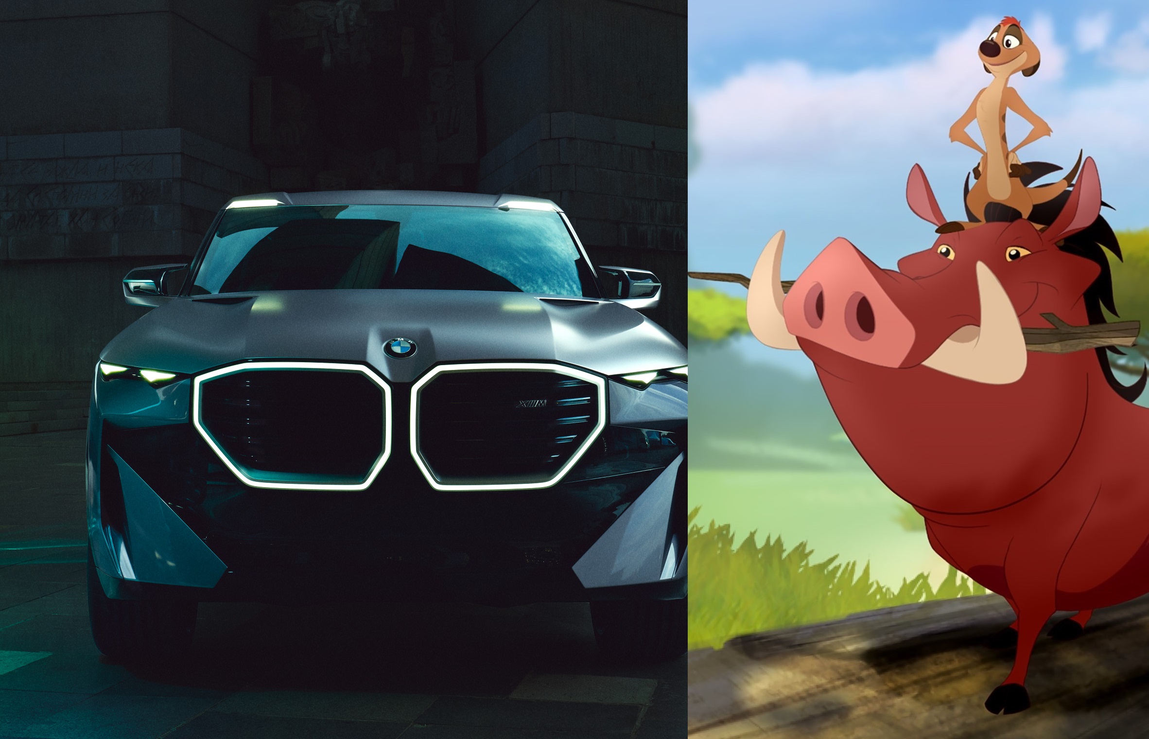 A side-by-side comparison showing Lion King character Pumbaa and the new BMW XM concept SUV