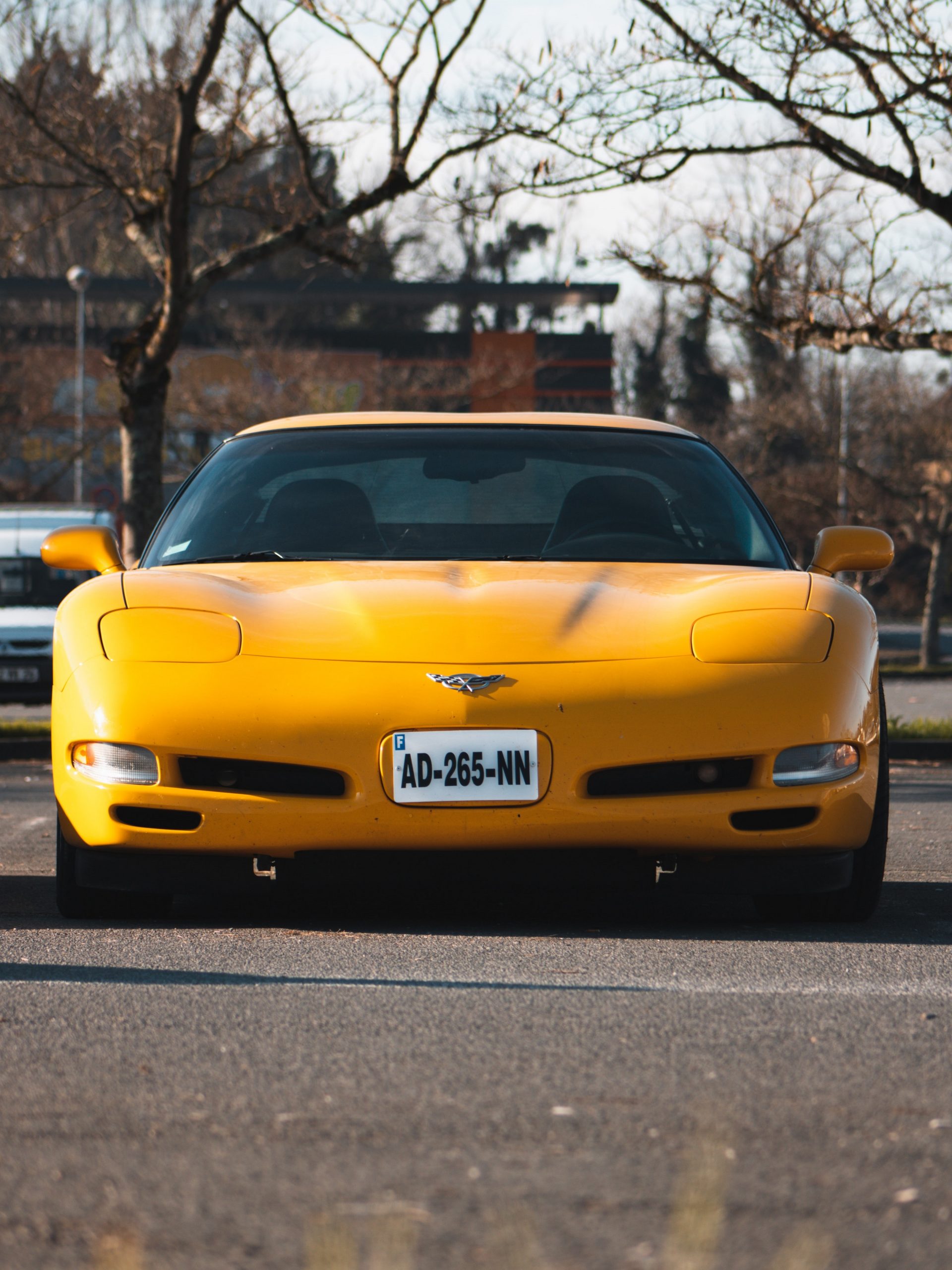 A yellow C5 Corvette shot from the front