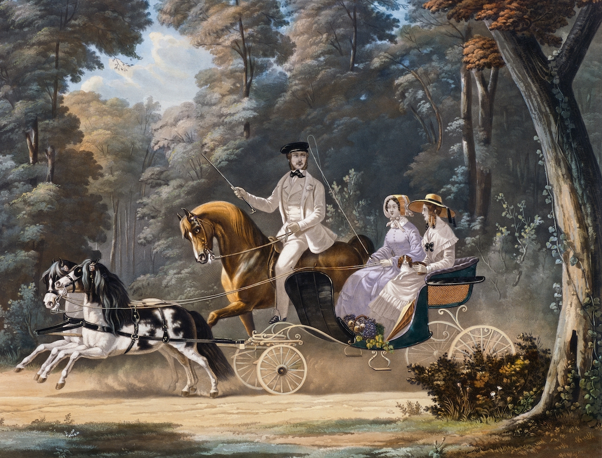 Real horsepower: 'Pony-Chaise,' open carriage pulled by two ponies, 1852, engraving by Henri d'Ainecy Montpezat from Chevaux et voitures, France, 19th century