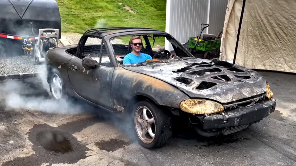 Alex Giroux and his charred Mazdaspeed Miata 
