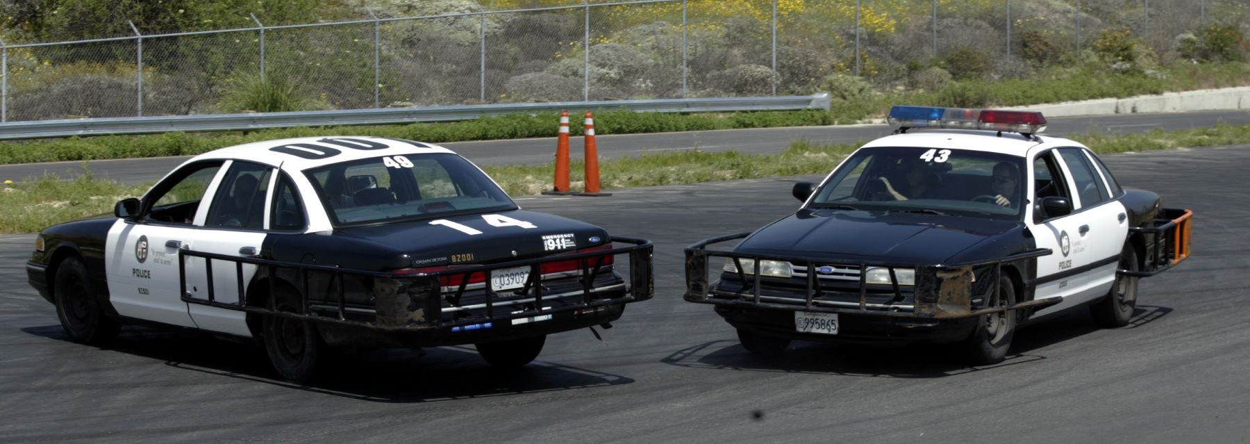 A police demonstration of the PIT maneuver by the LAPD at the Edward Davis Training Center