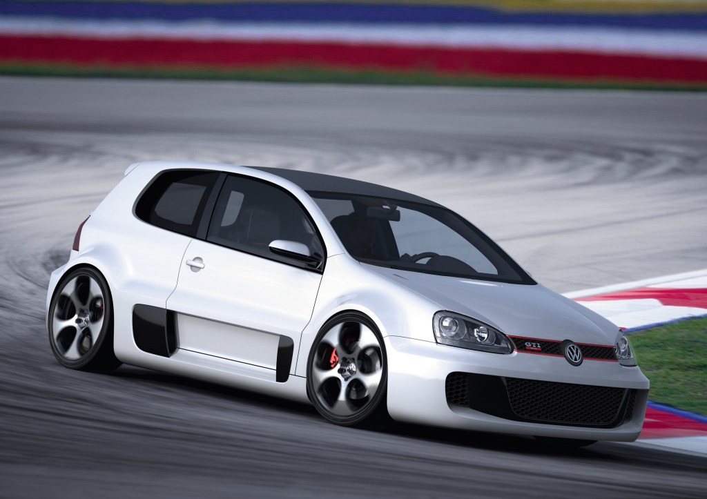 The Bentley-powered Volkswagen GTI hot hatch shot on track from the 3/4 angle