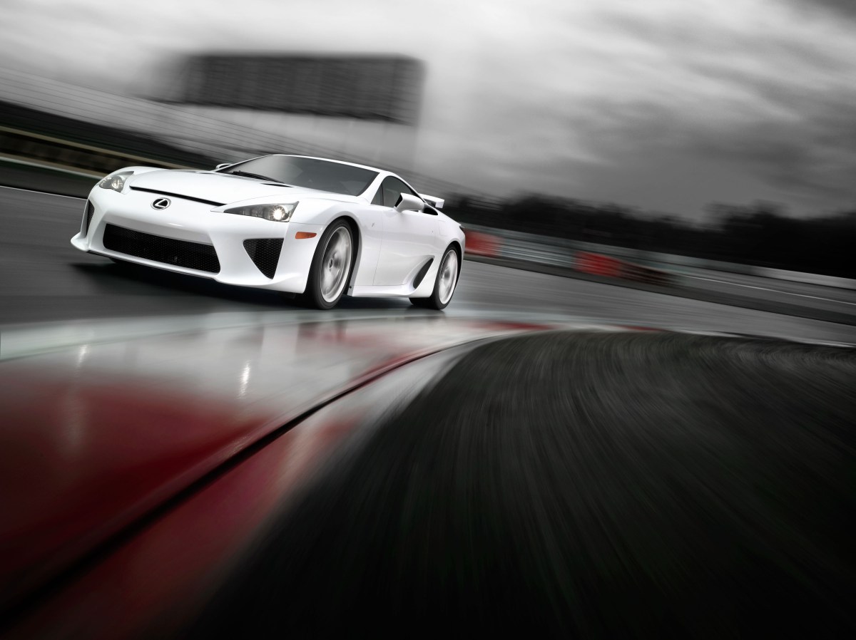 A 3/4 front view of a white 2012 Lexus LFA supercar.