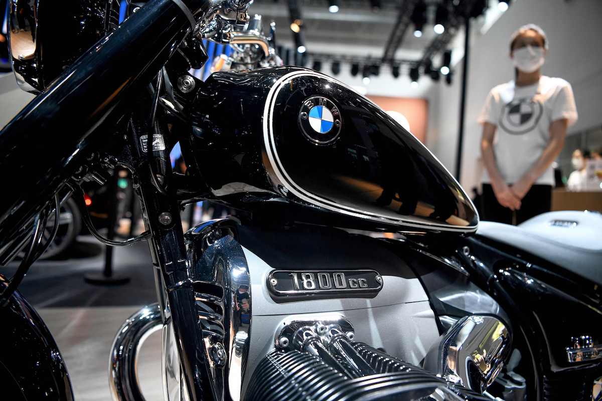 A BMW R18 1800cc motorcycle on display at the Beijing Auto Show in September 2020