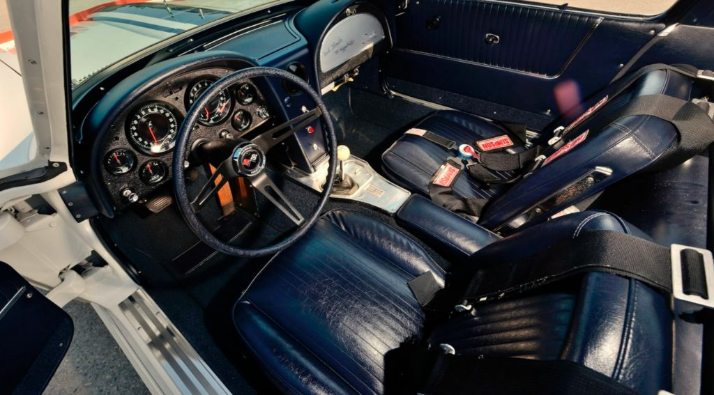The blue-leather-upholstered racing seats and dashboard of the 1963 'Gulf One' C2 Corvette Z06