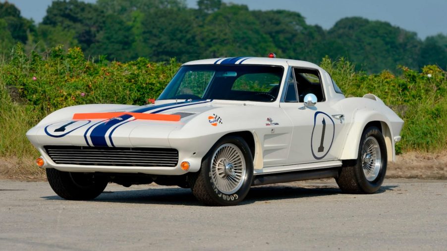The white-with-blue-and-orange-stripes 1963 'Gulf One' C2 Corvette Z06