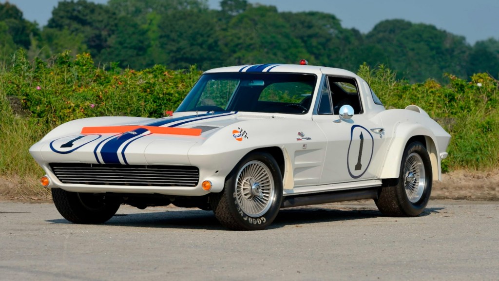 The white-with-blue-and-orange-stripes 1963 'Gulf One' C2 Corvette Z06