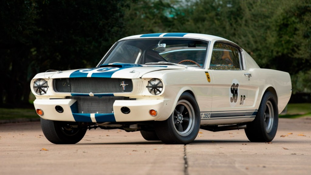 The white-with-blue-stripes 1965 Shelby GT350R Mustang prototype driven by, among others, Ken Miles