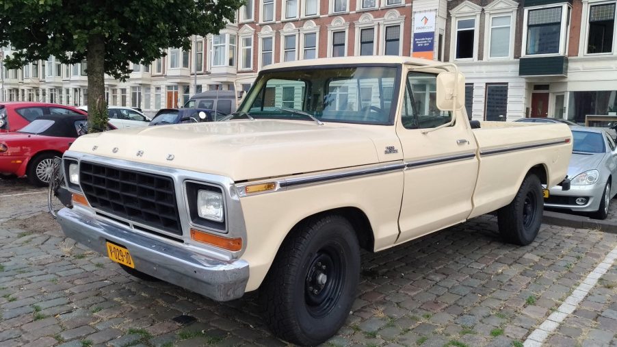 this 1979 Ford F250 in pale yellow is a great option for one of the best hunting trucks for cheap
